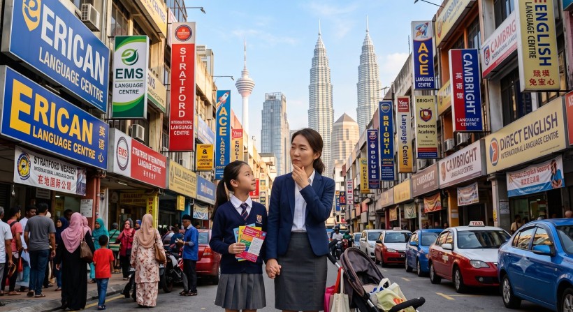 A mother and daughter looking at many English academy signboards in Kuala Lumpur, deciding which to choose